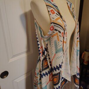 M Fasis By California Blue Extra Long Open Front Tribal Print Knit Sweater